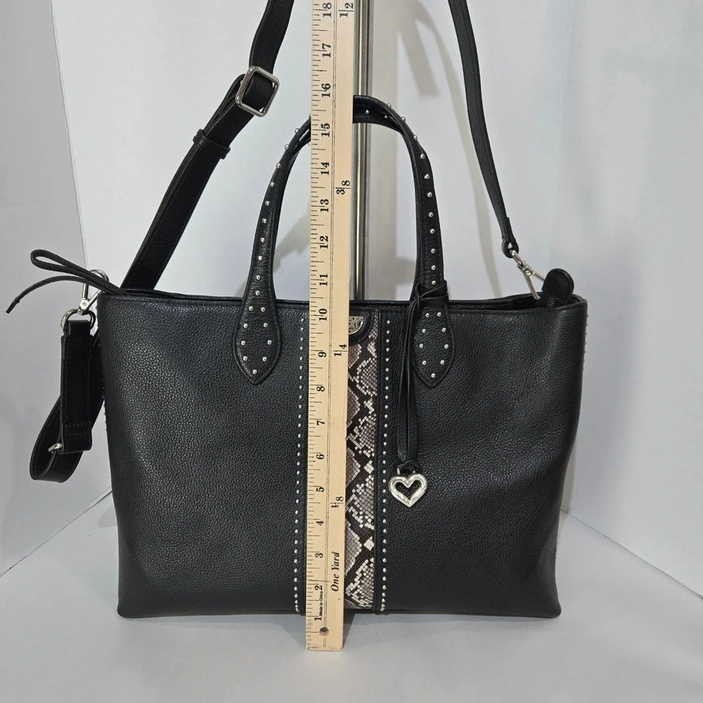 Brighton Tote Bag‎ Black Snakeskin Studded Leather Heart Charm Crossbody